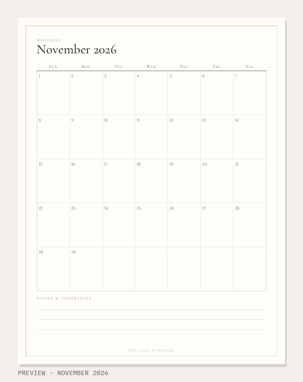 2027 Planner + Nov to Dec 2026 Calendars: November 2026 monthly page preview