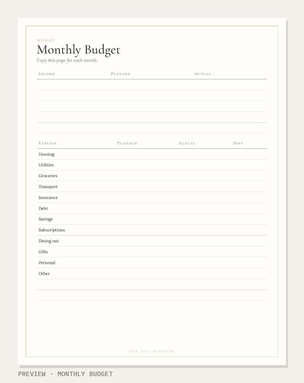 2027 Planner + Nov to Dec 2026 Calendars: monthly budget page preview