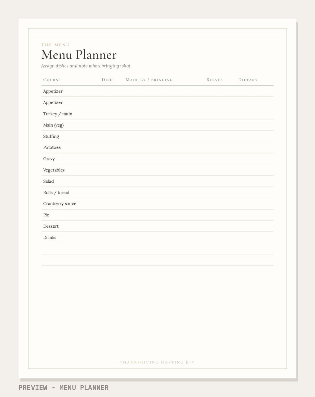 Thanksgiving Hosting Kit: menu planner page preview