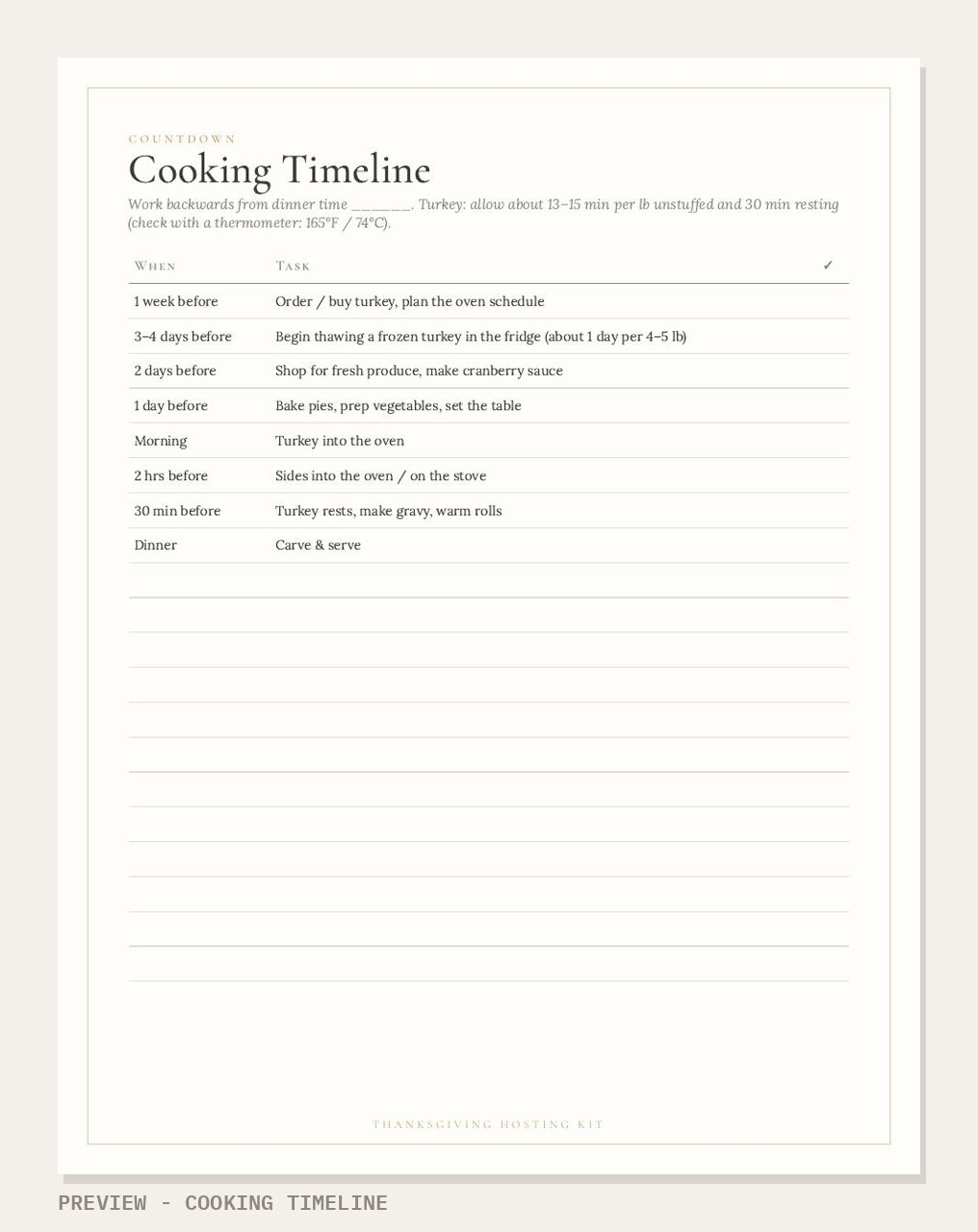 Thanksgiving Hosting Kit: cooking timeline page preview