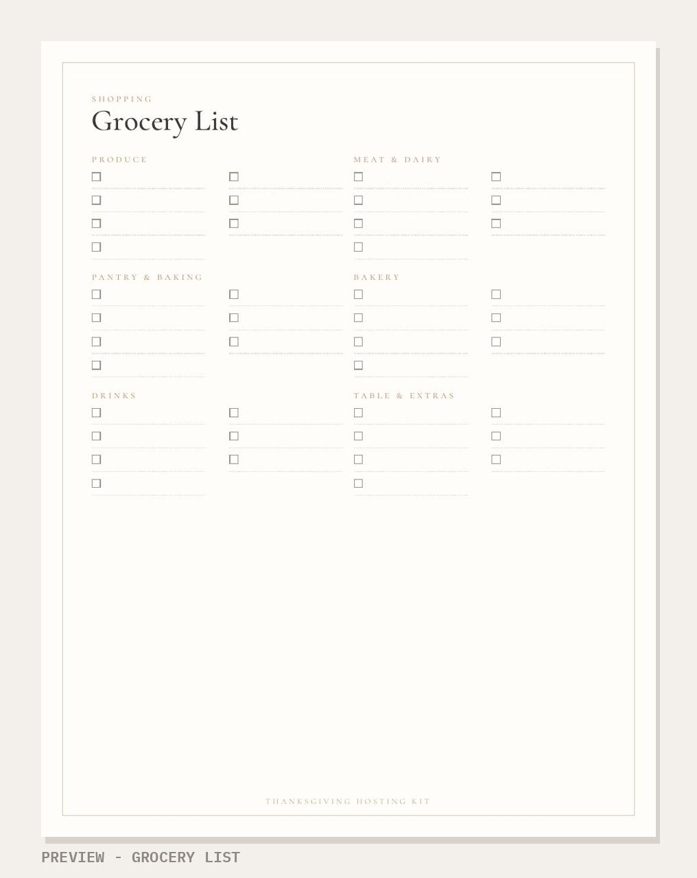 Thanksgiving Hosting Kit: grocery list page preview
