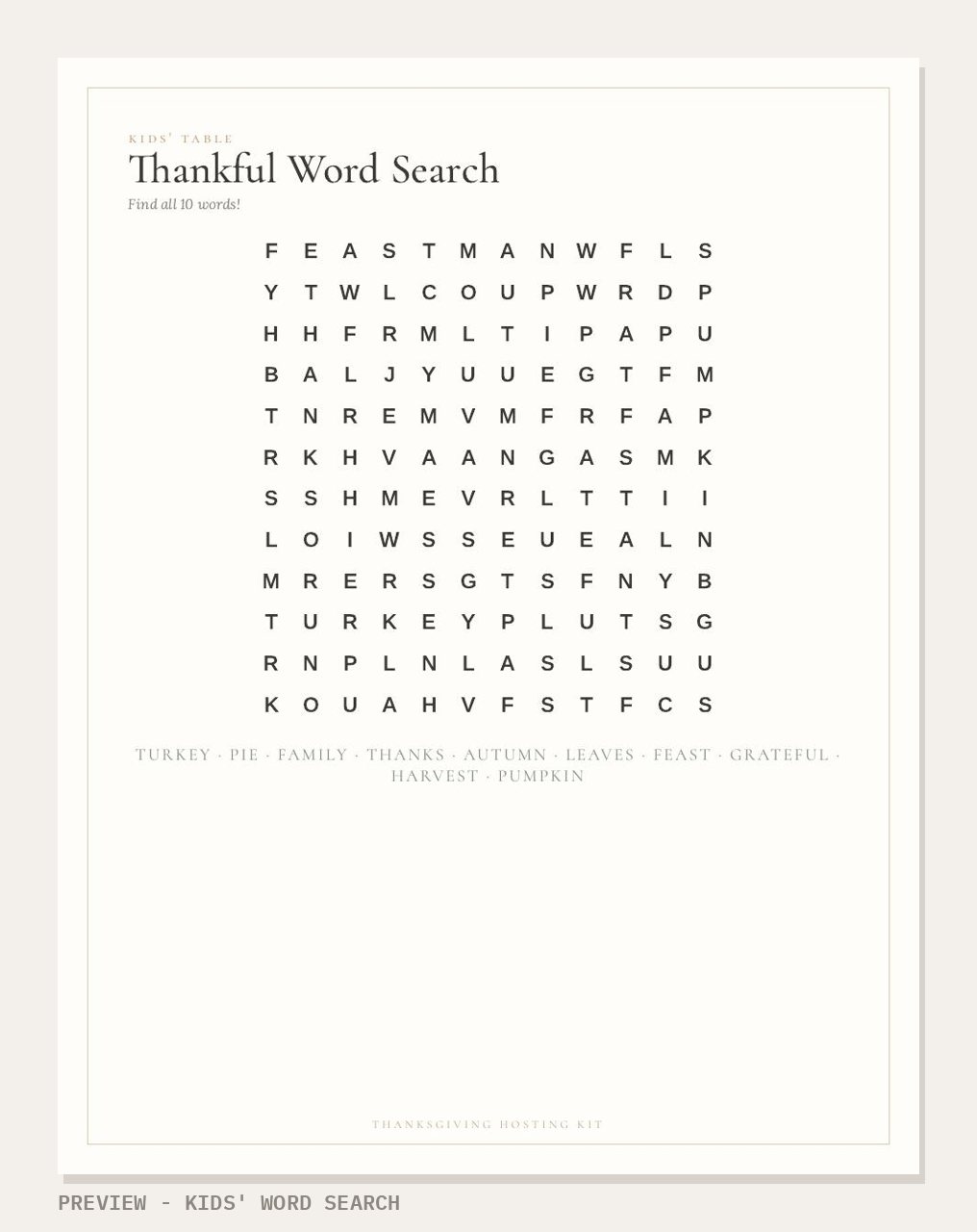 Thanksgiving Hosting Kit: kids' word search page preview