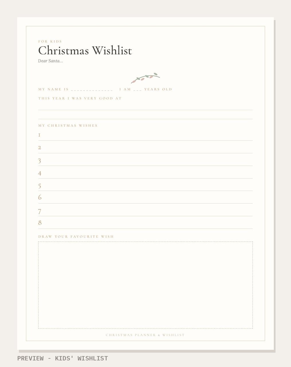 Christmas Planner & Wishlist Kit 2026: kids' wishlist page preview