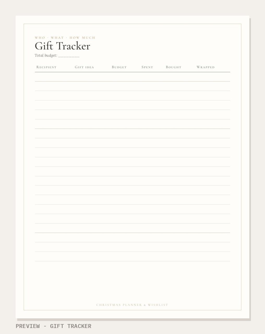 Christmas Planner & Wishlist Kit 2026: gift tracker page preview