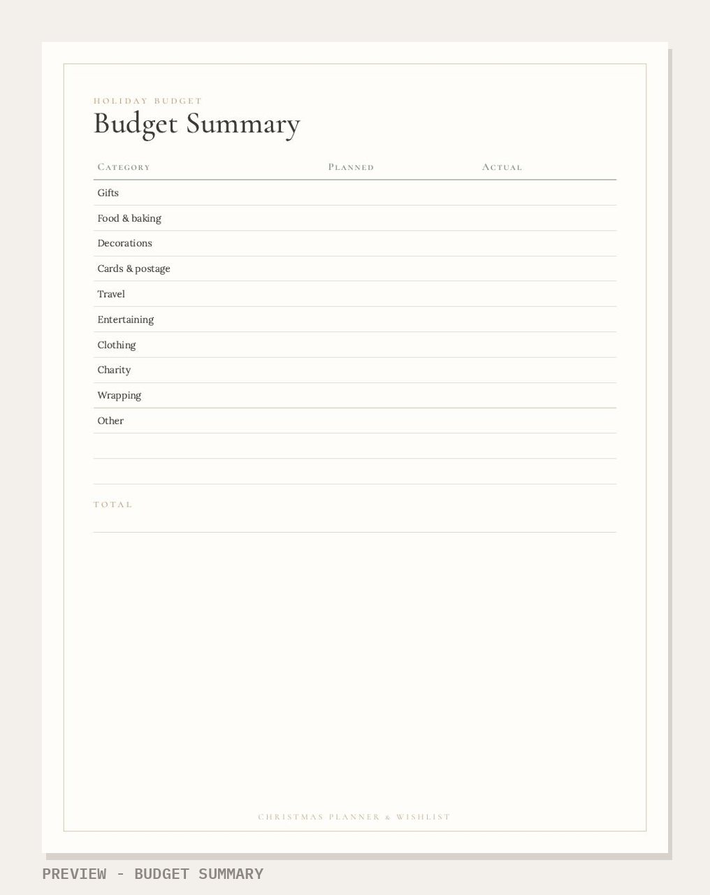 Christmas Planner & Wishlist Kit 2026: budget summary page preview