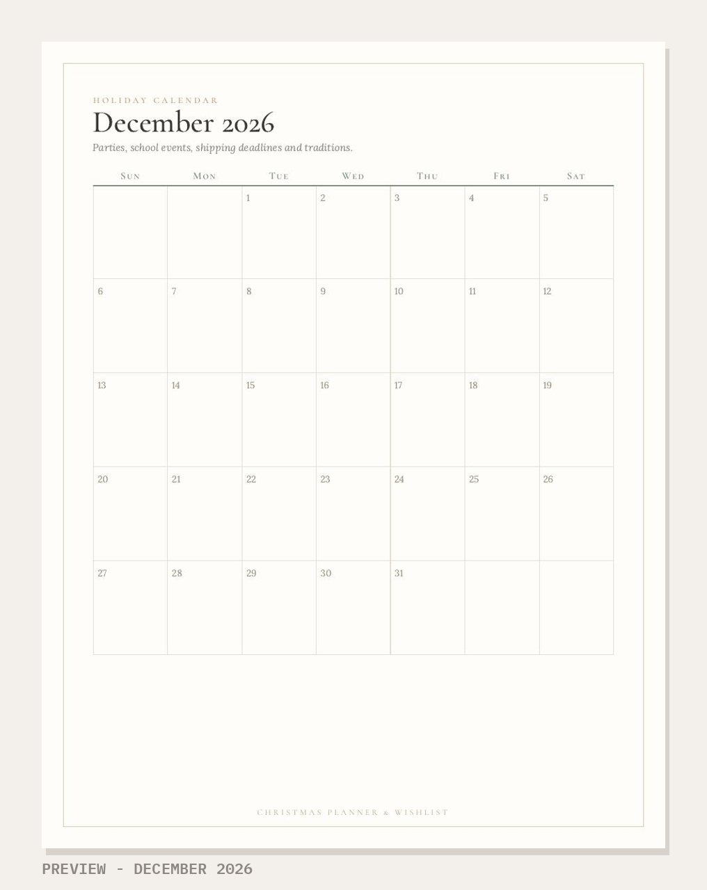 Christmas Planner & Wishlist Kit 2026: December 2026 calendar page preview