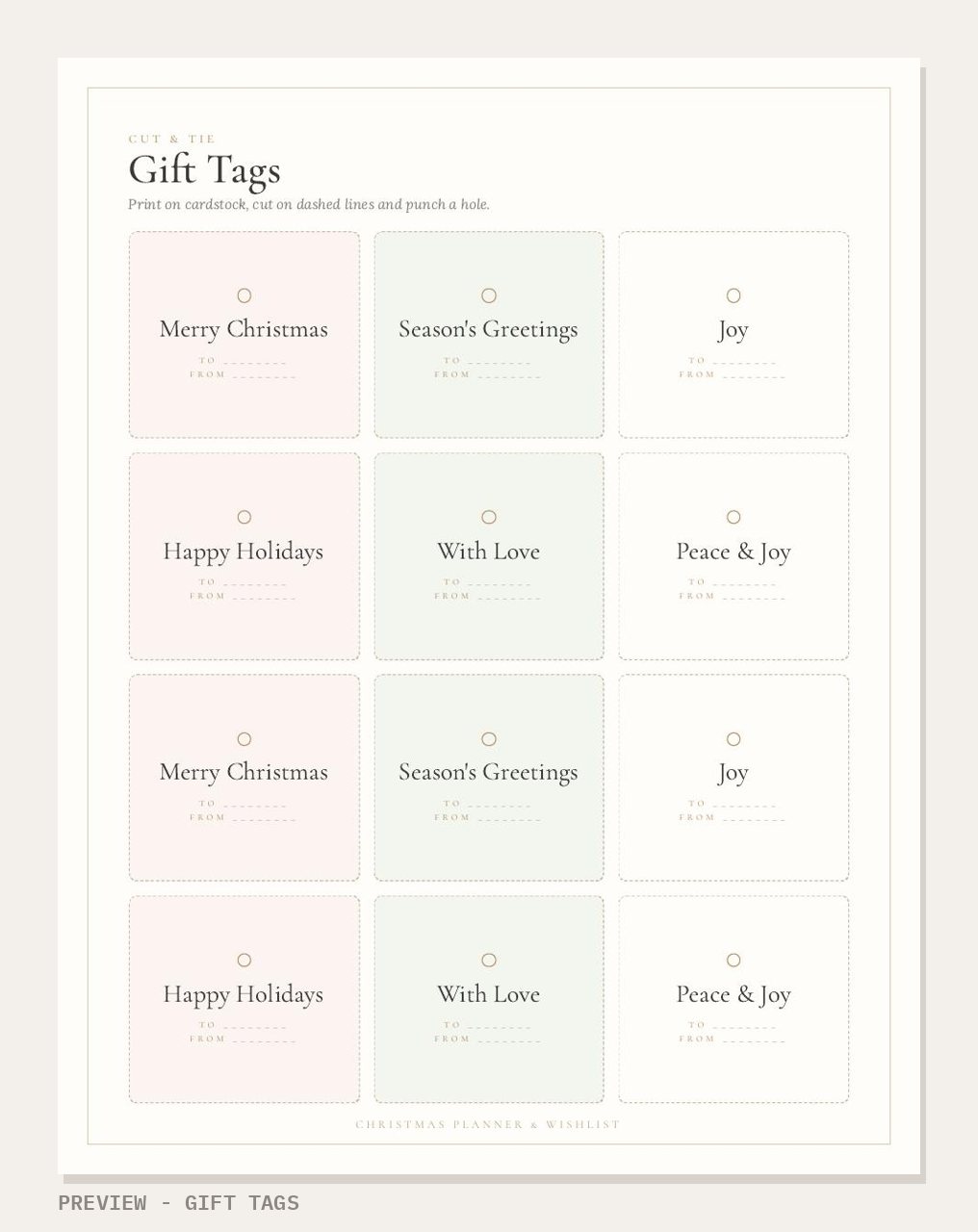 Christmas Planner & Wishlist Kit 2026: gift tags page preview